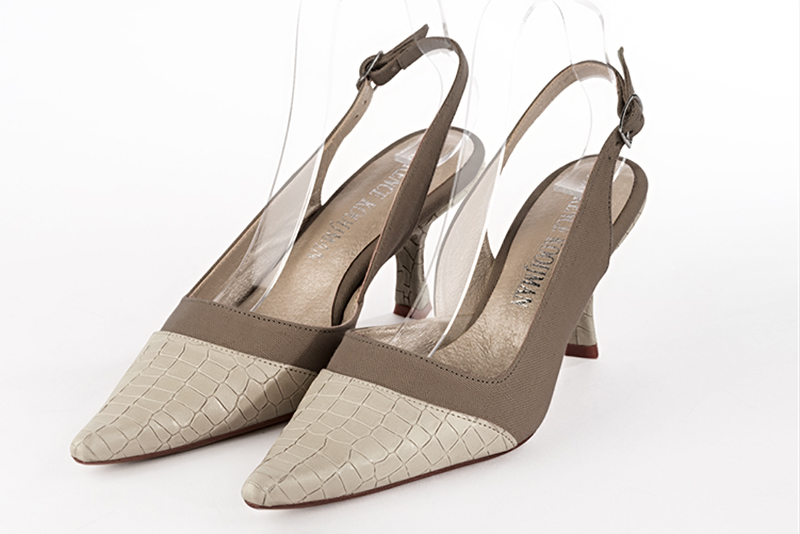 Champagne white and taupe brown women's slingback shoes. Pointed toe. High spool heels. Front view - Florence KOOIJMAN